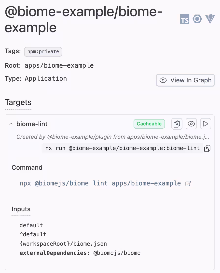 Screenshot of Nx Console showing biome-lint proviced by the plugin